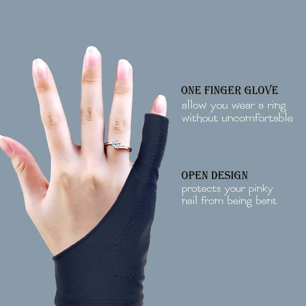 AKX Artist Drawing Glove XSmall - 2 Pack Palm Rejection for iPad - Smudge Guard, 1 Finger, Fingerless, Good for Left and Right Hand, Black | AK-010