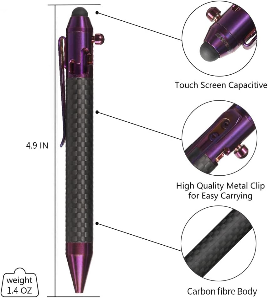 Cool Hand 4.9'' Carbon Fiber Bolt Action Pen with Retractable Stylus Tip for Any Touch Screen, Ballpoint Ink Refillable, Compact Size, Skelton Out Deep Pocket Clip (Carbon Fiber Purple)