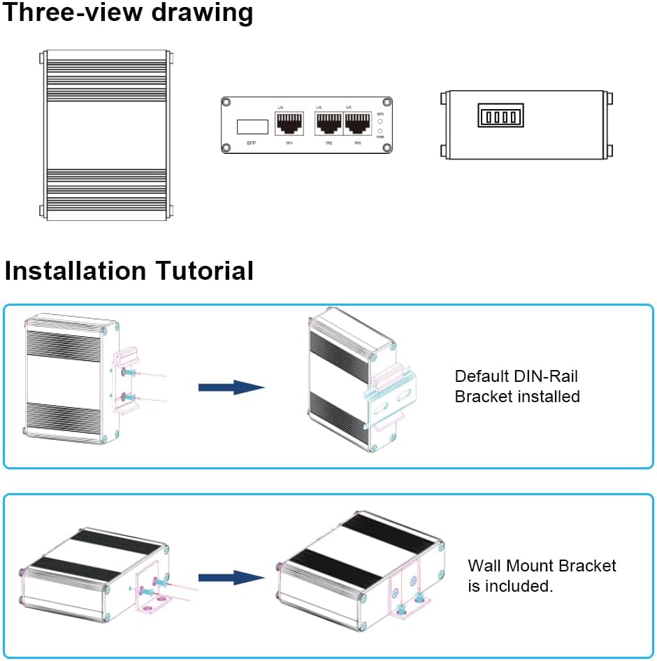 Mini Throncom 4 Ports Gigabit Industrial Fiber Ethernet Solar Switch Hardened 10/100/1000Mbps with 100/1000M Adaptive SFP Slot Din Rail/Wall Mount Solar Power/VoIP/RV Truck 12-48VDC LNK-IMC103G-SFP