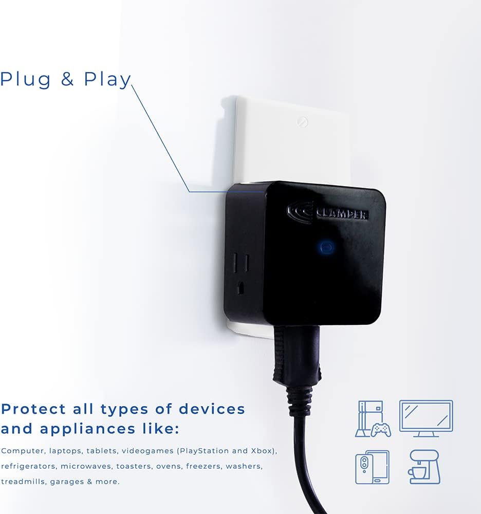 Clamper 3-Outlet Surge Protector 1800 Joules, 1875W, for TV, PC, Xbox, PS5, Refrigerators and Other Appliances (Compact Wall Surge Protector), iCLAMPER Power 3, 1-Pack Black