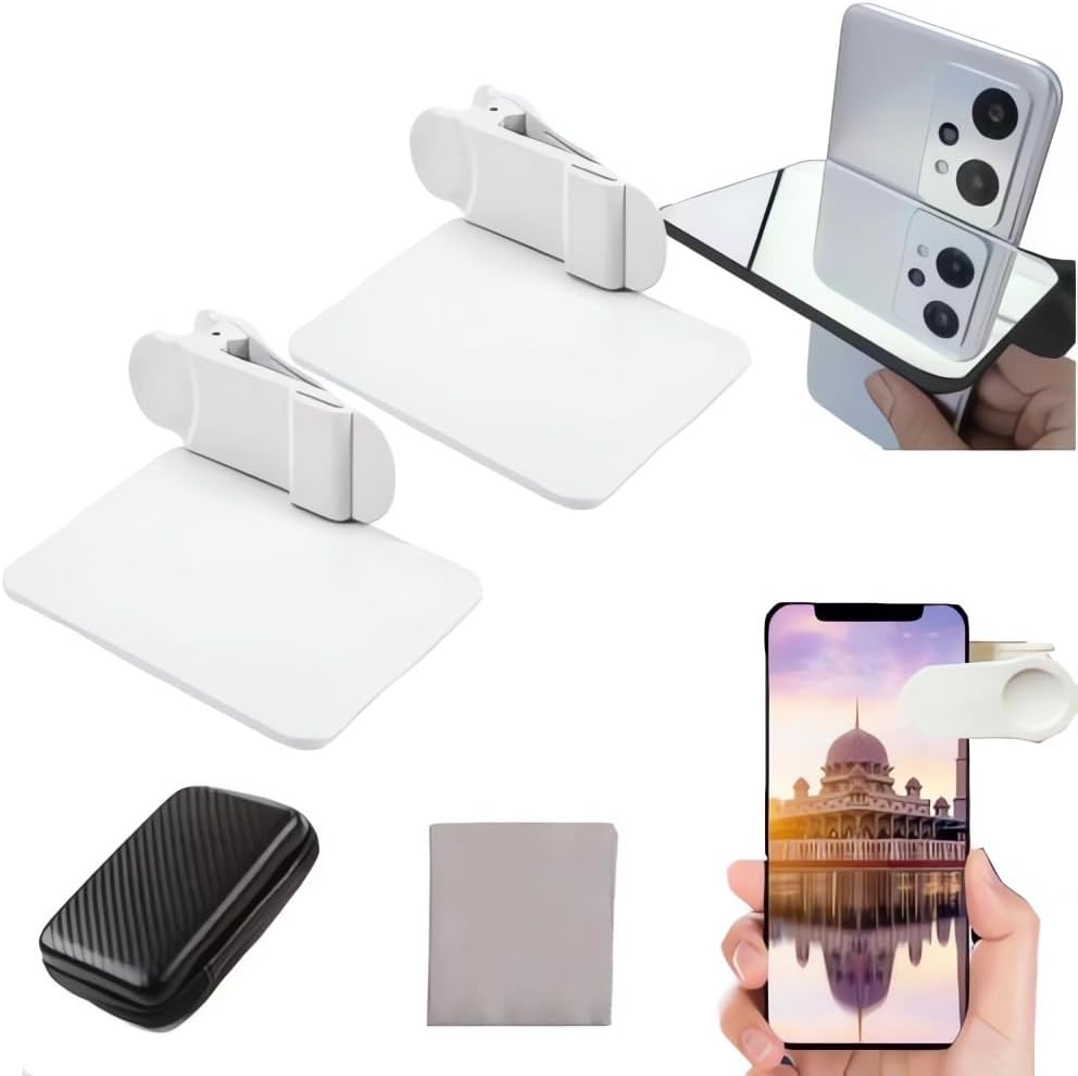2024 Smartphone Camera Mirror Reflection Clip Kit -【New Version】 Smartphone Selfie Reflector, Adjustable Mobile Phone Reflection Camera Clip, Mirror Reflection Phone Clip for All Phones (2PCS-White)