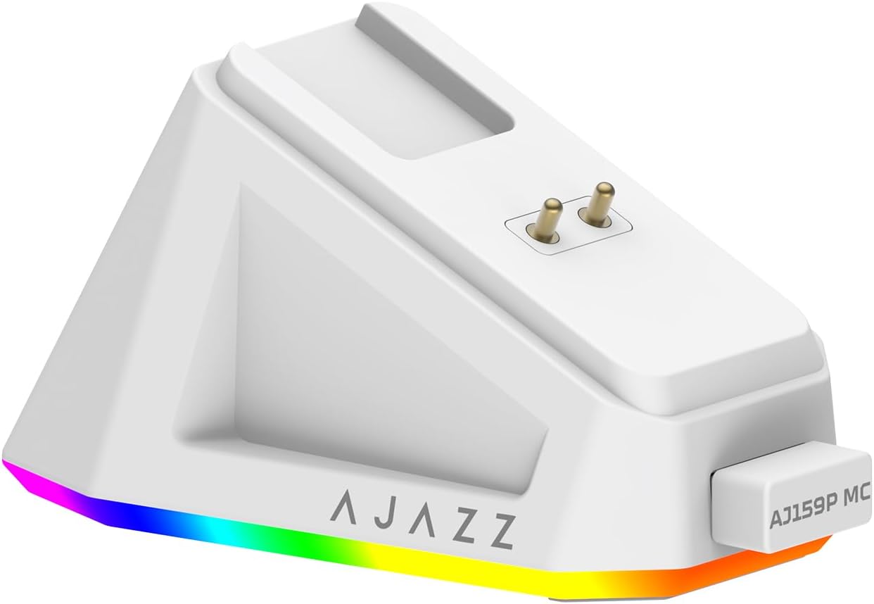 AJ159P MC Triple Mode (2.4G/Wired/Bluetooth 5.2) Gaming Mouse, 12000 DPI, 56g Ultra-Light, Magnetic RGB Charging Dock, Programmable 6 Buttons, Ergonomic Design for Computer Laptop PC, White