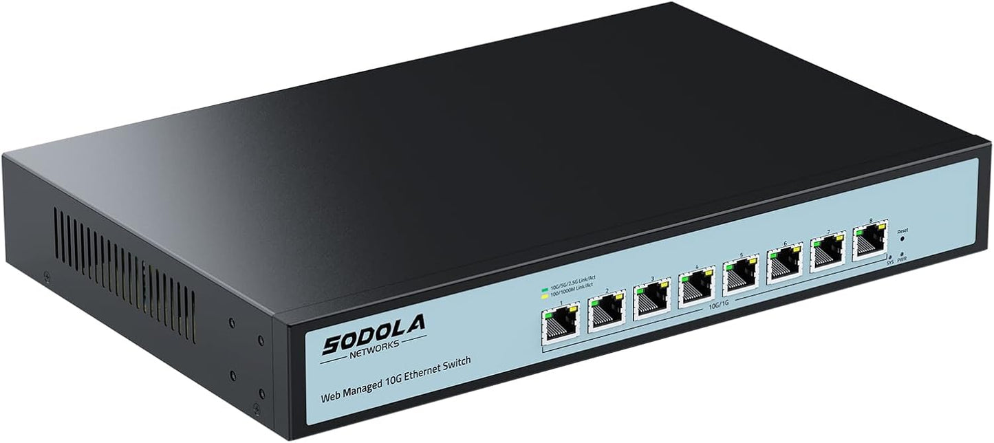 SODOLA 8 Port 10Gb Easy Web Managed Switch, 8 x 10G RJ-45 Ports, 160Gbps Bandwidth, Support LACP, VLAN, QoS, 10G/5G/2.5G/1000M/100M Auto-Negotiation, Multi-Gigabit Managed Ethernet Switch