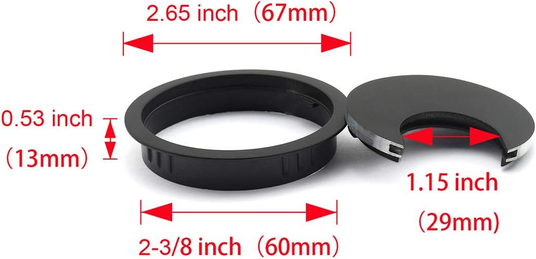 HJ Garden 1pc 2-3/8 inch (60mm) Metal Desk Grommets with Brush Open for Managing and Hiding Wire Cord Cable Hole Cover Office PC Desk Cable Cord Organizer Zinc Alloy Cover Black