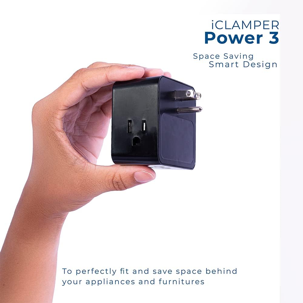 Clamper 3-Outlet Surge Protector 1800 Joules, 1875W, for TV, PC, Xbox, PS5, Refrigerators and Other Appliances (Compact Wall Surge Protector), iCLAMPER Power 3, 2-Pack Black