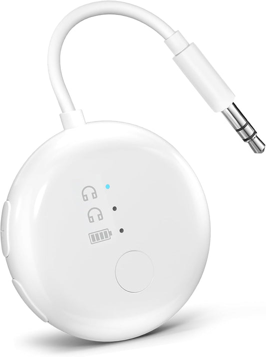 Avantree SoundJet R1 – Airplane Bluetooth Adapter for Headphones & AirPods, aptX Adaptive, Qualcomm Chipset, 20H Battery, Wireless Audio Transmitter for in-Flight Travel Essentials - White