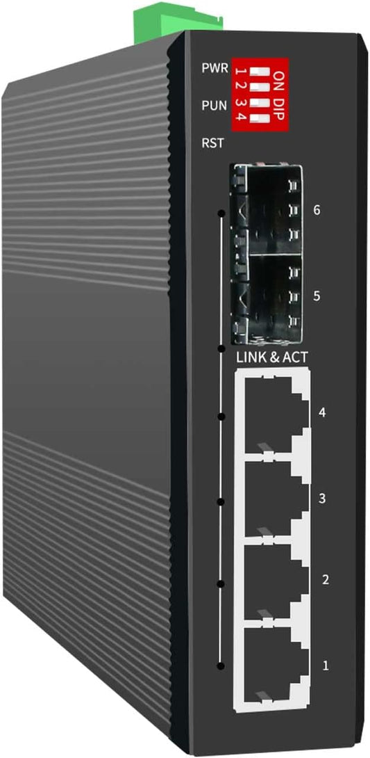 4-Port Hardened Industrial Gigabit 2+ Managed DIN-Rail Switch, 4x10/100/1000 Base-TX +2x1000Base-FX SFP 6X, Network Ethernet Gigabit Not with PoE+ Switch