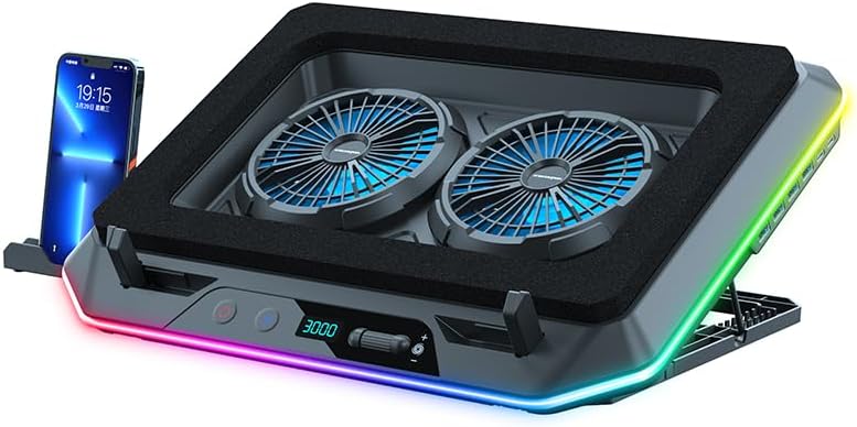 RGB Gaming Laptop Cooling Pad with Two Turbo Fan, Rapid Cooling for 15.6-19.3" Laptops, Variable Speed Control, 6 Adjustable Heights A5