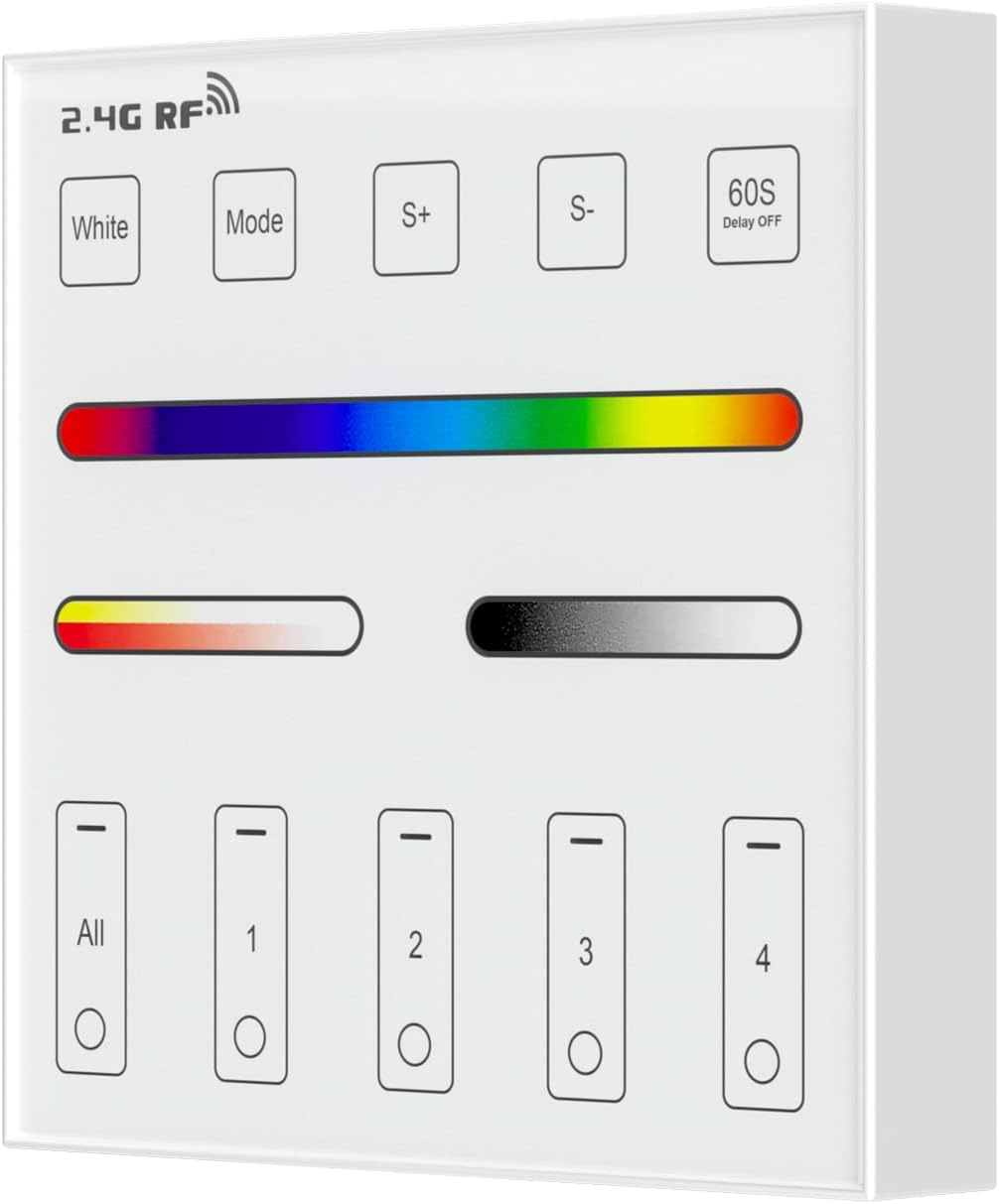 BTF-LIGHTING 4 Zones RGB RGBW RGBCCT Wireless 2.4G RF Wall Mounted Smart Panel Remote Powered by 2XAAA Batteries 3V Work with DR04W WB5 LM052 LM053 C03RF C04RF C05RF C03W C04W C05W Controller
