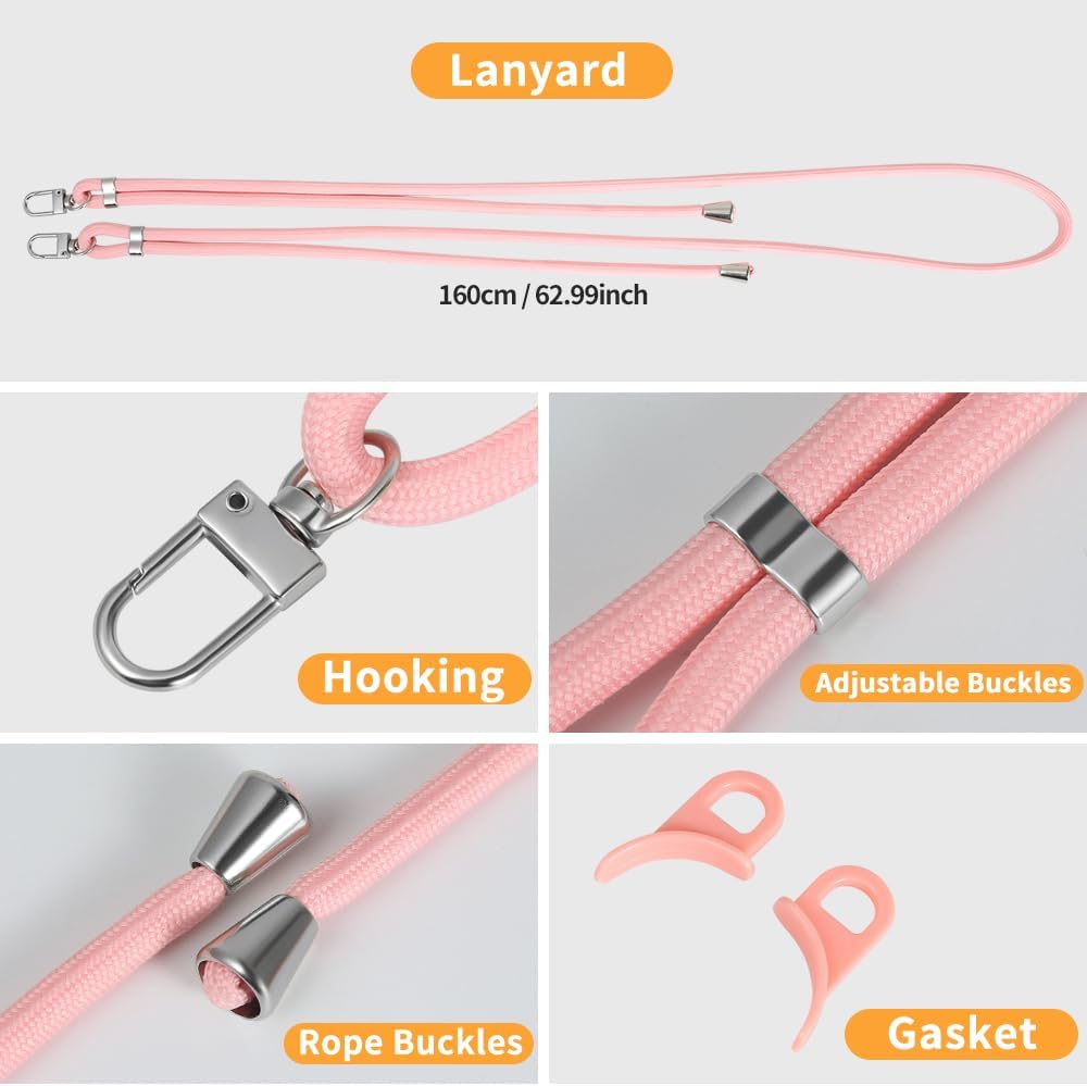 for iPhone 16 Pro Case with 62.99 inch Lanyard, Classic Clear&Pink Magnetic Phone Case, Drop&Shockproof Protection Cases, Phone Lanyard for Around The Neck, Compatible with Magnet Accessory