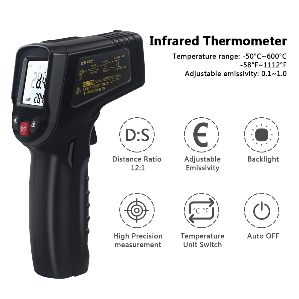 KETOTEK Infrared Thermometer Non Contact IR Digital Laser Temperature Gun -50℃～600℃ (-58℉～1112℉) Adjustable Emissivity Thermometer Gun for Cooking