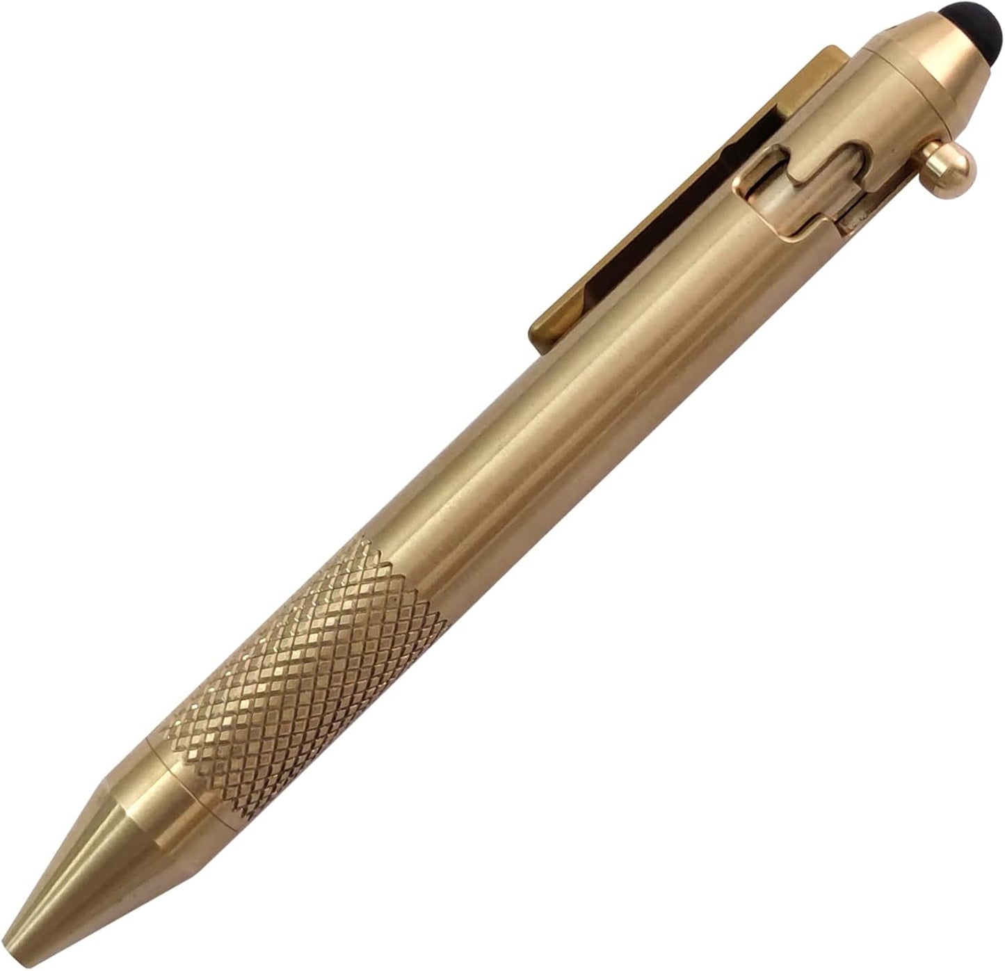 Cool Hand 4.9'' Brass Bolt Action Pen with Retractable Stylus Tip for Any Touch Screen, Ballpoint Ink Refillable, Compact Size, Skelton Out Deep Pocket Clip (Brass)