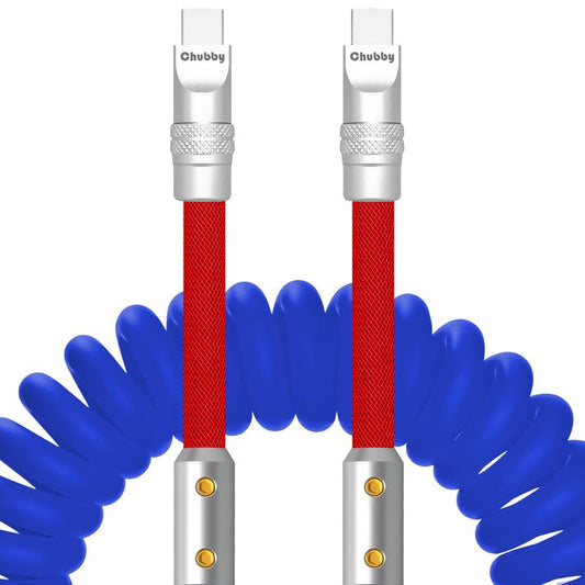 chubbycable Colorblock Chubby - Spring Braided Silicone Charge Cable Coiled USB C Cable Fast Charging Type C Charger Cord for Car, Dark Blue+Red, Type-C to Type-C, 2.29FT-3.6FT