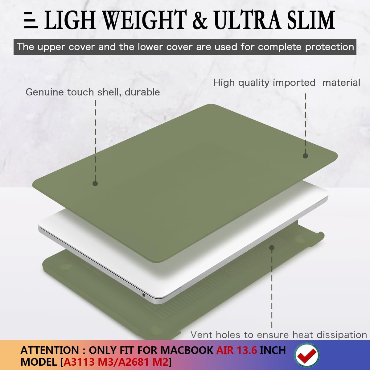 CISSOOK Compatible with MacBook Air 13.6 inch Case M4 A3240 M3 A3113 M2 A2681, Hard Shell Case with Keyboard Cover USB Adapter for MacBook Air 13.6 inch 2022-2025, Avocado Green