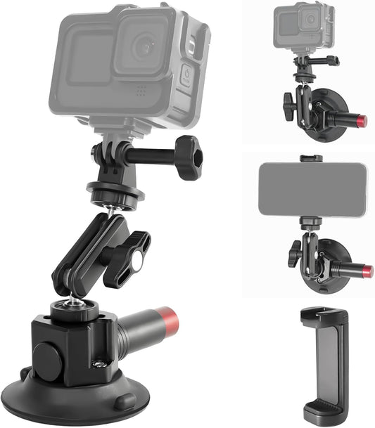 FIFIELD 3inch Suction Cup Camera Mount with Ball Head Magic Arm, 1/4" ARRI Holes, Quick Release Car Mount with Phone Holder & Action Camera Adapter Compatible with DJI OSMO Pocket 3 Insta360 iPhone