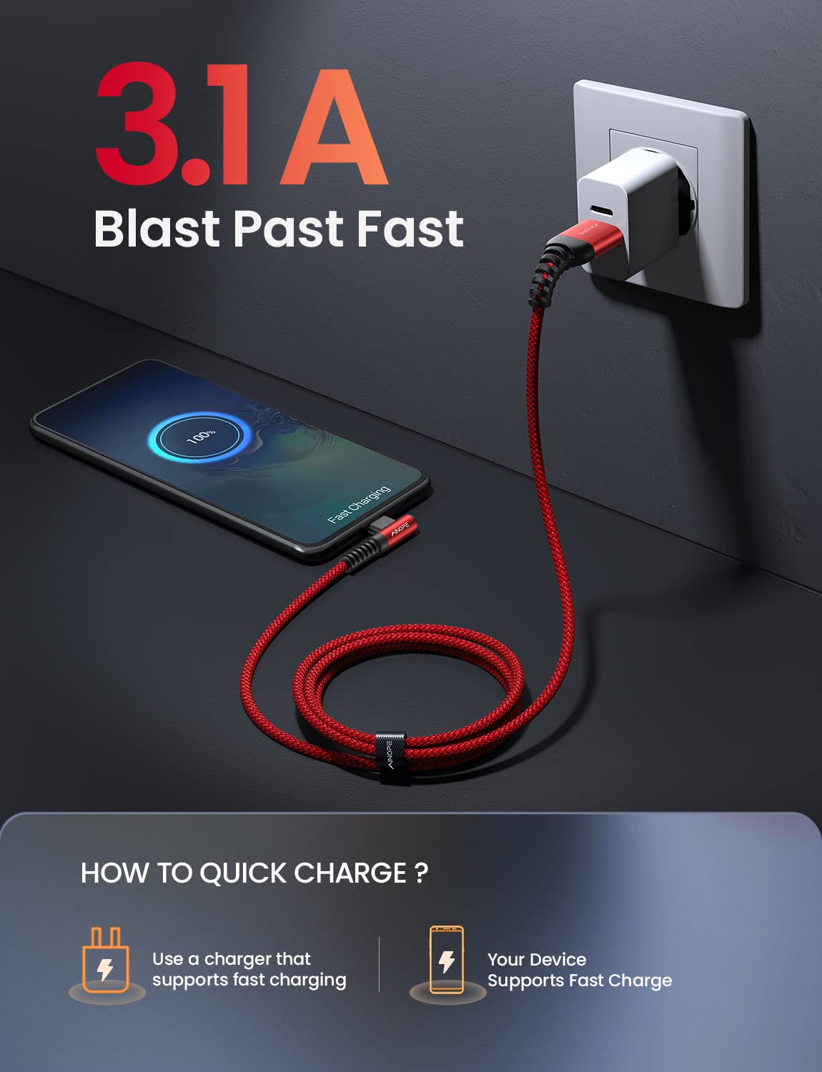 AINOPE USB C to USB Cable [3-Pack 3.3ft/6.6ft/10ft] 3.1A USB Fast Charge Right Angle, Resistant Nylon Braided USB C Charging Cable Compatible with Galaxy S21 S20 Plus, Note 20 10 9, Moto