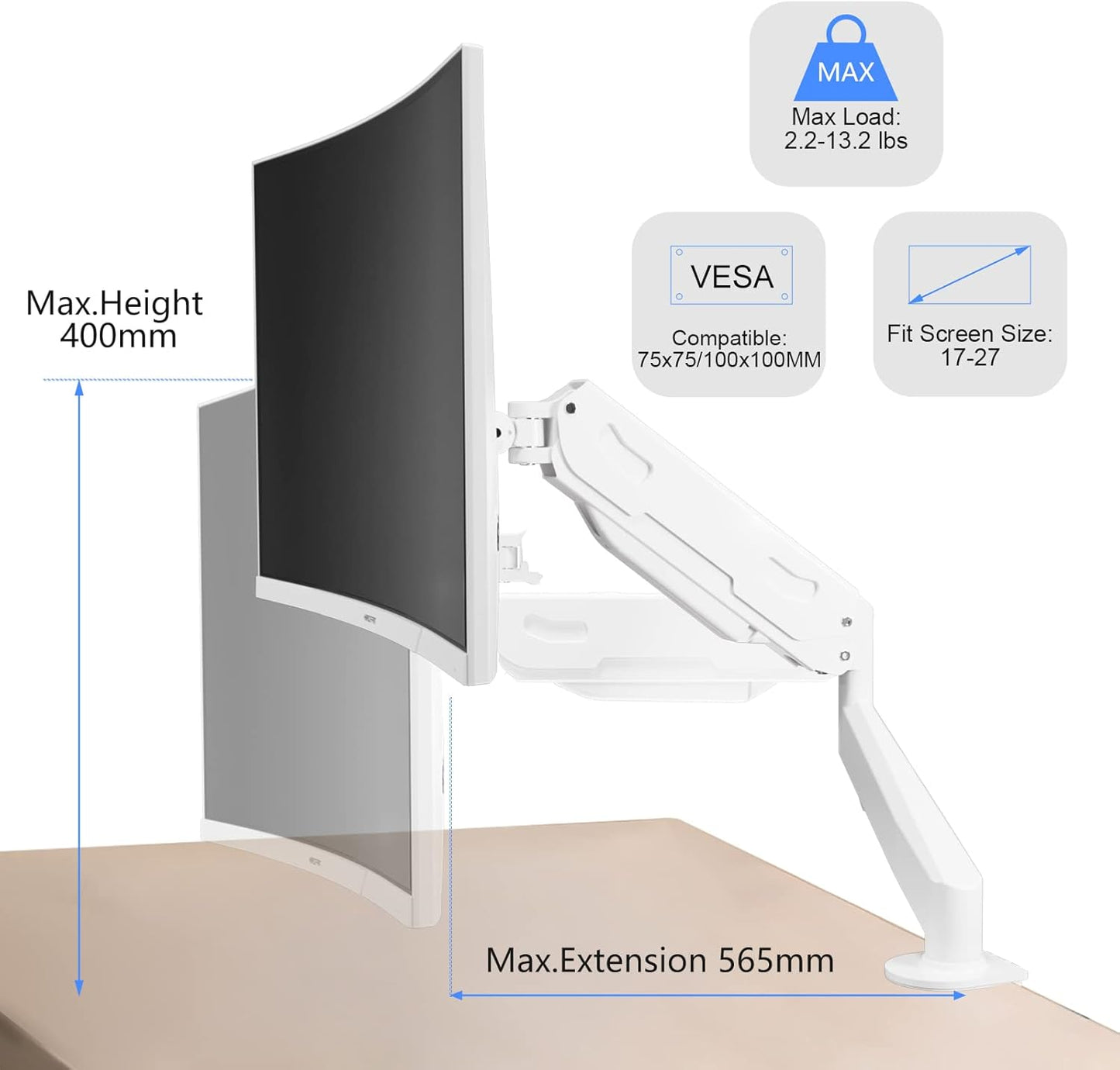 Gas Spring Monitor Arm 32 Inch,Adjustable Single Monitor Desk Mount with Swivel/Tilt/Rotation,Computer Monitors Stand Holder with Clamp/Grommet Mounting Base, VESA Mount Bracket,White