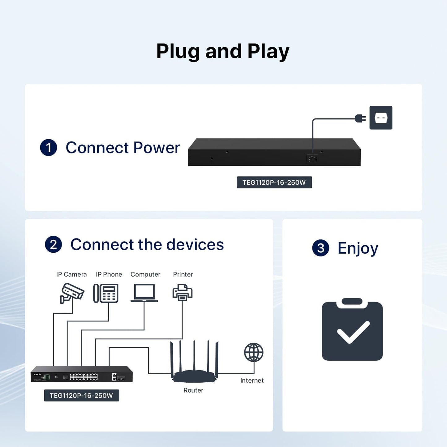 Tenda TEG1120P-16-250W, 16 Port Gigabit PoE Switch Compatible with IEEE 802.3af/at Devices, Rack Mountable, Unmanaged PoE+ Switch with 16 Port PoE+@230W & 2 RJ45 Ports & 2 SFP Slots