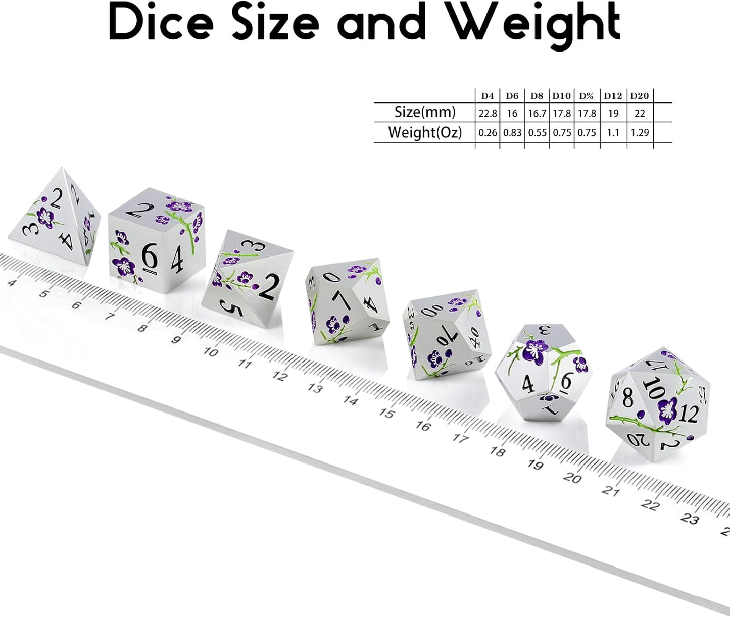 Flower Silver Metal Dice, DNDND 7 PCS Heavy Metallic D&D Dice Set with Gorgeous Gift Case for Dungeons and Dragon Tabletop Game (Matte Silver with Purple Flower)