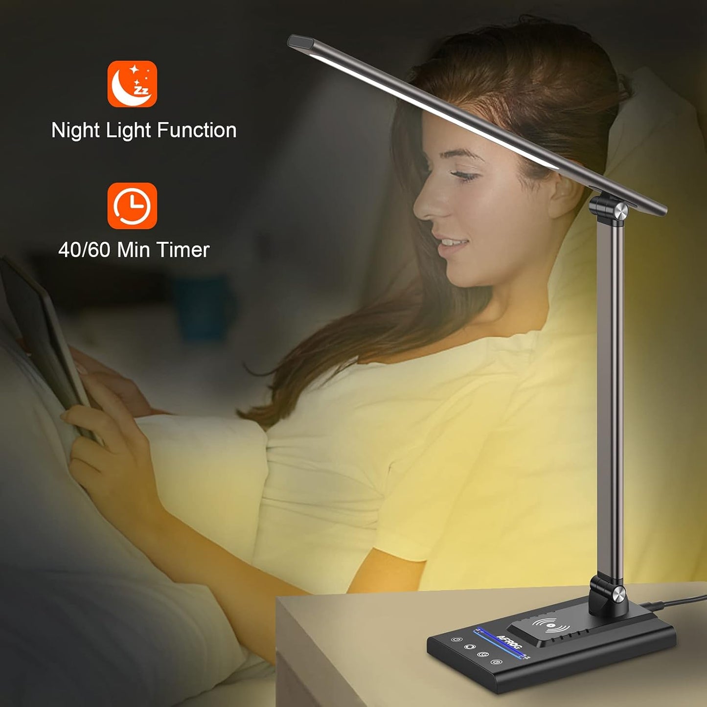 AFROG 5th Gen Multifunctional LED Desk Lamp with 10W Fast Wireless Charger, USB Charging Port,1800Lux Super Bright,5 Lighting Mode,7 Brightness, Touch Control, Auto Timer, 15W Office Table Lamp