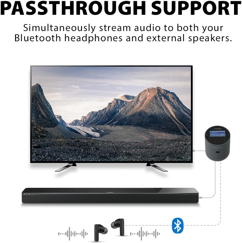 Avantree Orbit Pro - Bluetooth Transmitter for TV with LCD Screen & Remote Control, Compatible with Optical or AUX Audio Output & Smart TVs, Easy Volume Control for Airpods & Other Headphones