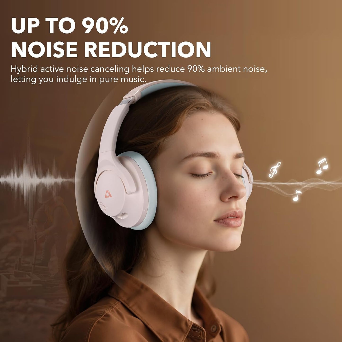 1Mii Y8+ Noise Cancelling Headphones Bluetooth, Wireless LDAC Hi-Res Audio, Custom EQ via App, 75H Playtime, Comfort Fit, Over Ear Headphones Foldable for Airplane Travel Home Office Beige Cyan