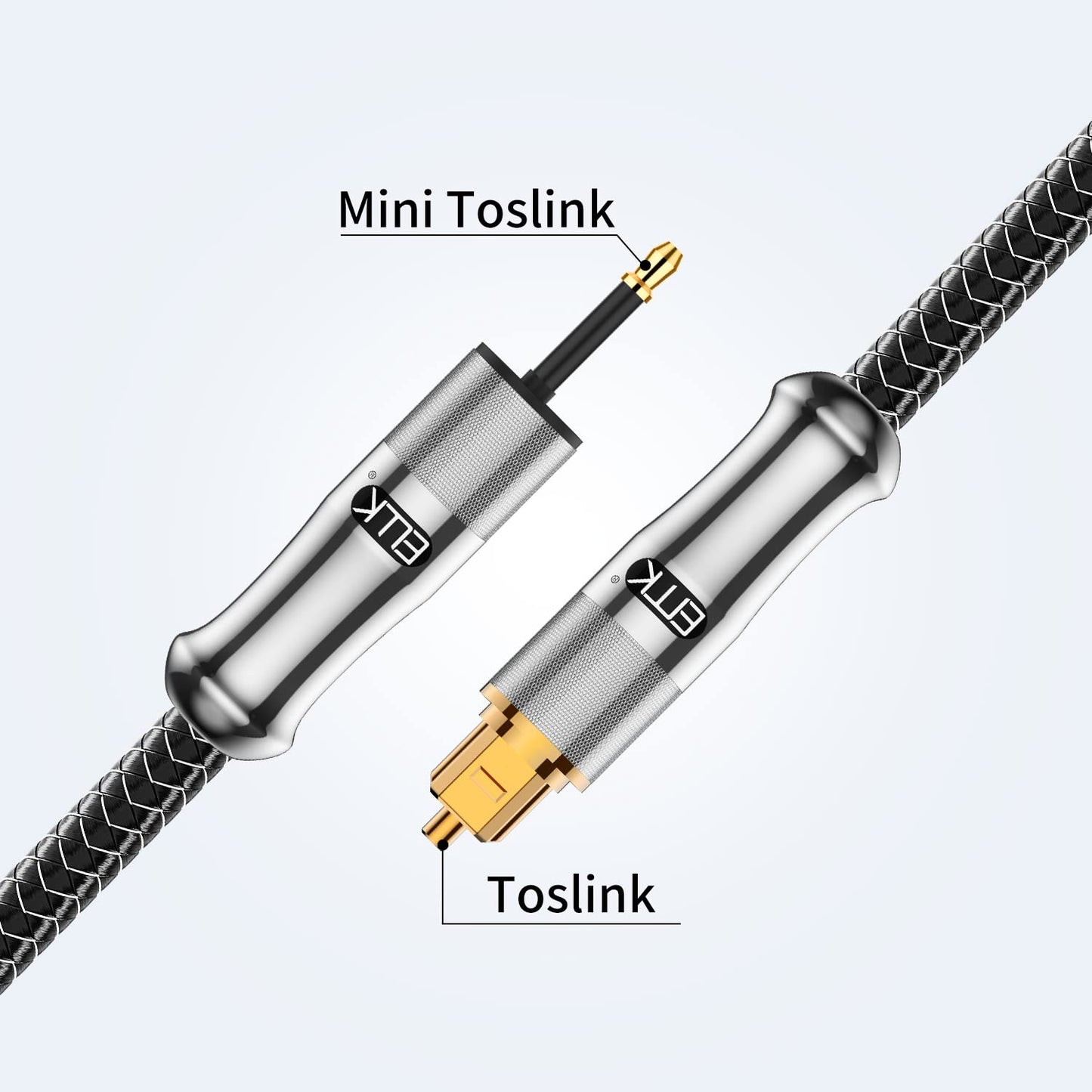 EMK 24K Gold-Plated Toslink to Mini Toslink Cable (1.5ft/0.5M) - Digital Optical Audio Cable with 3.5mm Mini Plug for Soundbar, Home Theater, TV - Silver SPDIF Fiber Optic Cable