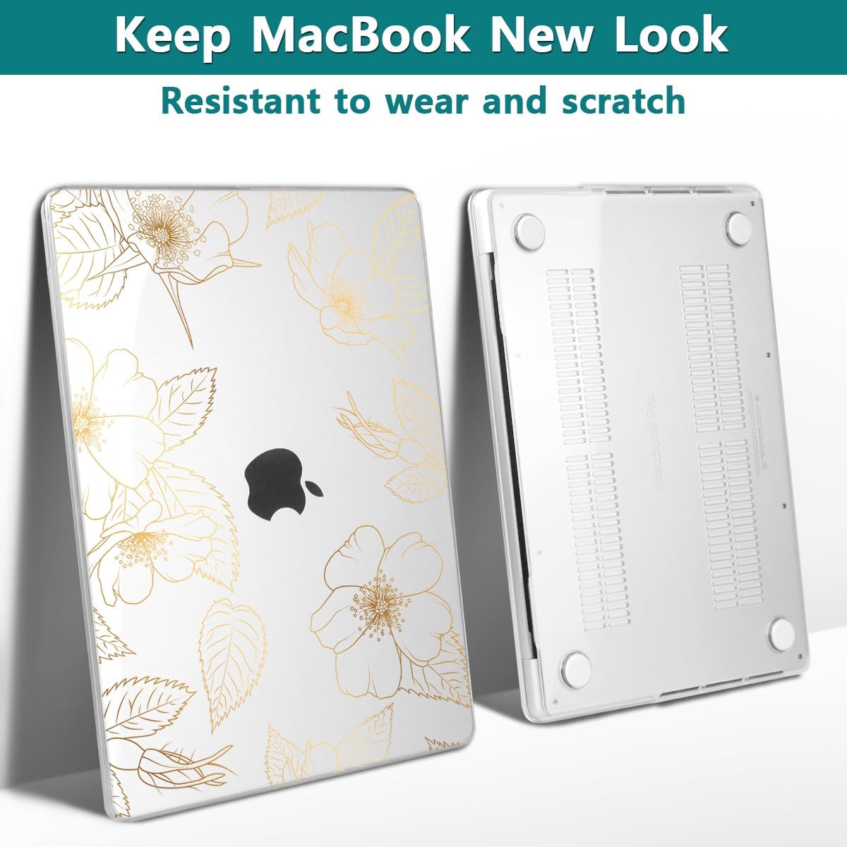 Teryeefi Case for 2021-2024 MacBook Pro 14 Inch M4 M3 M2 M1(Model A3112 A3401 A3185 A2992 A2918 A2779 A2441) with Keyboard Cover & Screen Protector & OTG Adapter, Golden Flower Leaf