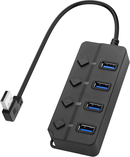 90 Degree USB Hub Splitter YACSEJAO USB 2.0 Data Hub with Individual LED Button On/Off Switch DC5.5 * 2.1 Power Port for Laptop,PC Computer (4 Ports, 0.3M)