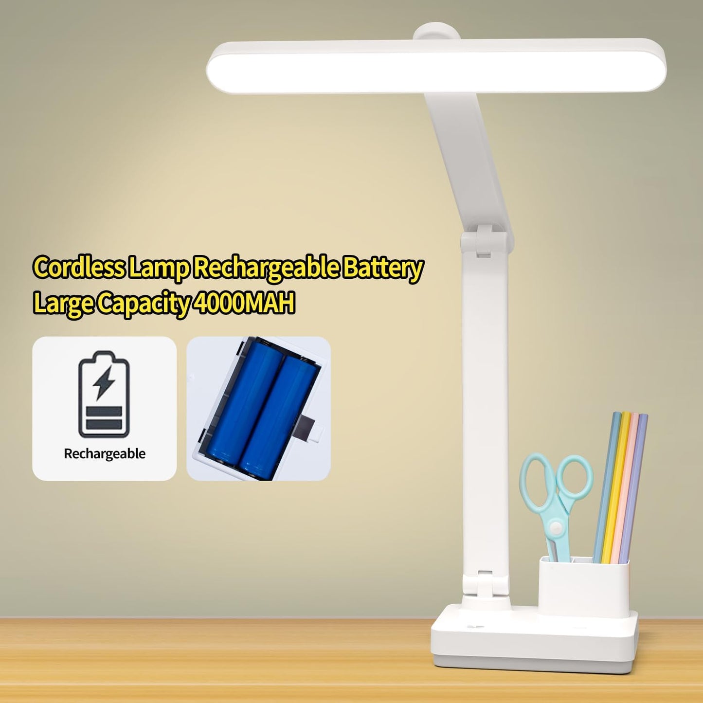 Cordless Desk Table Lamp Reading Light Rechargeable Battery 4000mah, Tall & Large Light 50 LED,Touch 3 Modes,2 Ways Power,Dimmable, Bedroom Bedside Lamp,20 Inch
