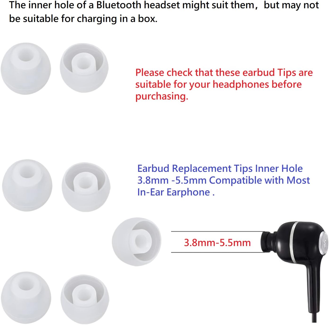 36 Pieces Medium Earbud Tips Soft and Comfortable Ear Bud Replacement Pieces Silicone Fit Most in-Ear Headphones，Inner Hole 3.8mm -5.5mm，Medium Clear White Replacement Eartips
