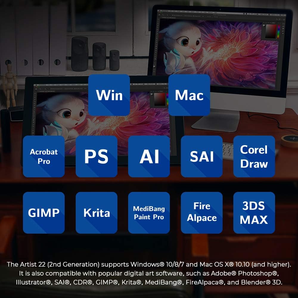 Drawing Tablet with Screen XPPen Artist 22 2nd Computer Graphics Tablet 122% sRGB with Tilt Function Battery-Free Stylus Adjustable Stand, 21.5inch Pen Display Compatible with Windows PC, Mac, Linux