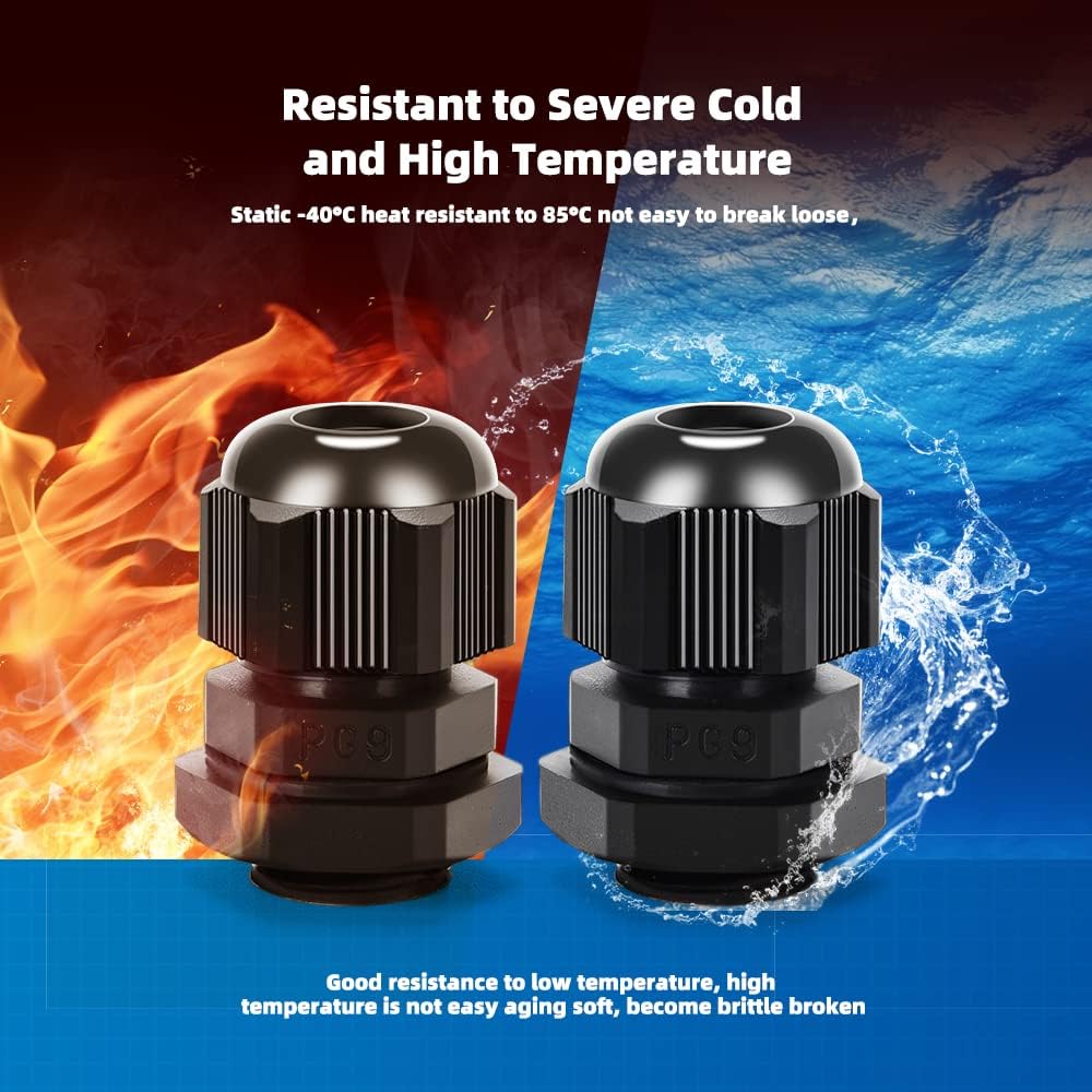 Cable Gland 20 Pack Plastic Waterproof Adjustable Connector 4-8mm PG9 Strain Relief Cord Connectors Joints Nylon with Gaskets