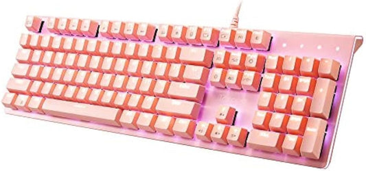 i-rocks K75M Illuminated Mechanical Keyboard, 104 Keys, with Cherry MX Switches, Backlit LED Light and Shortcut Keys - Programmable Light & Macro Recorder (Cherry MX Blue Switch, Pink)