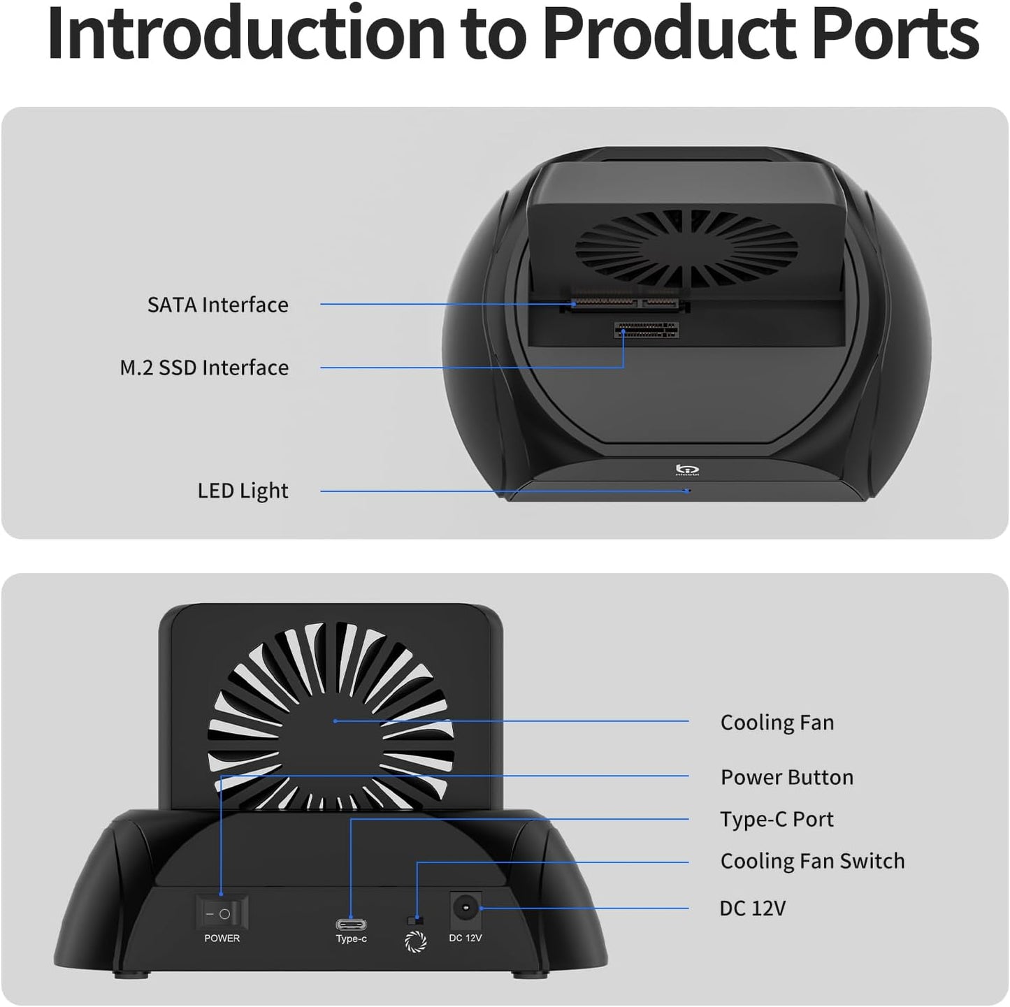 Hard Drive Docking Station, Pcie NVMe Adapter with Cooling Fan Superior Cooling Efficiency, External Hard Drive Reader Compatible with M.2 NVMe/SATA SSD & 2.5" and 3.5" SATA HDD SSD
