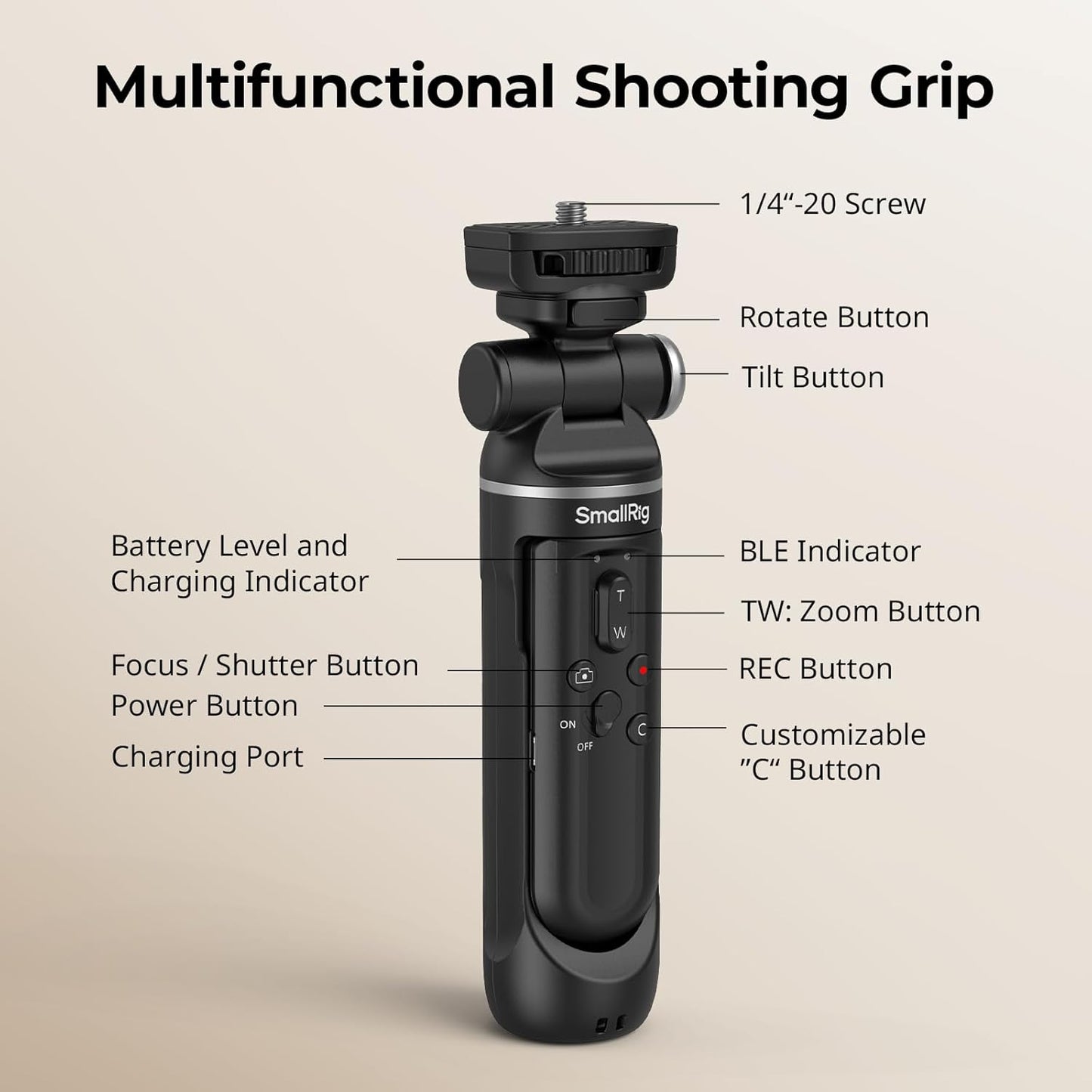 SmallRig SR-RG2 Multifunctional Wireless Shooting Grip, Adjustable Selfie Stick, Remote Control Camera, Compatible with Some Cameras for Nikon/for Canon/for Sony, for Vlogging, Live Streaming-4551