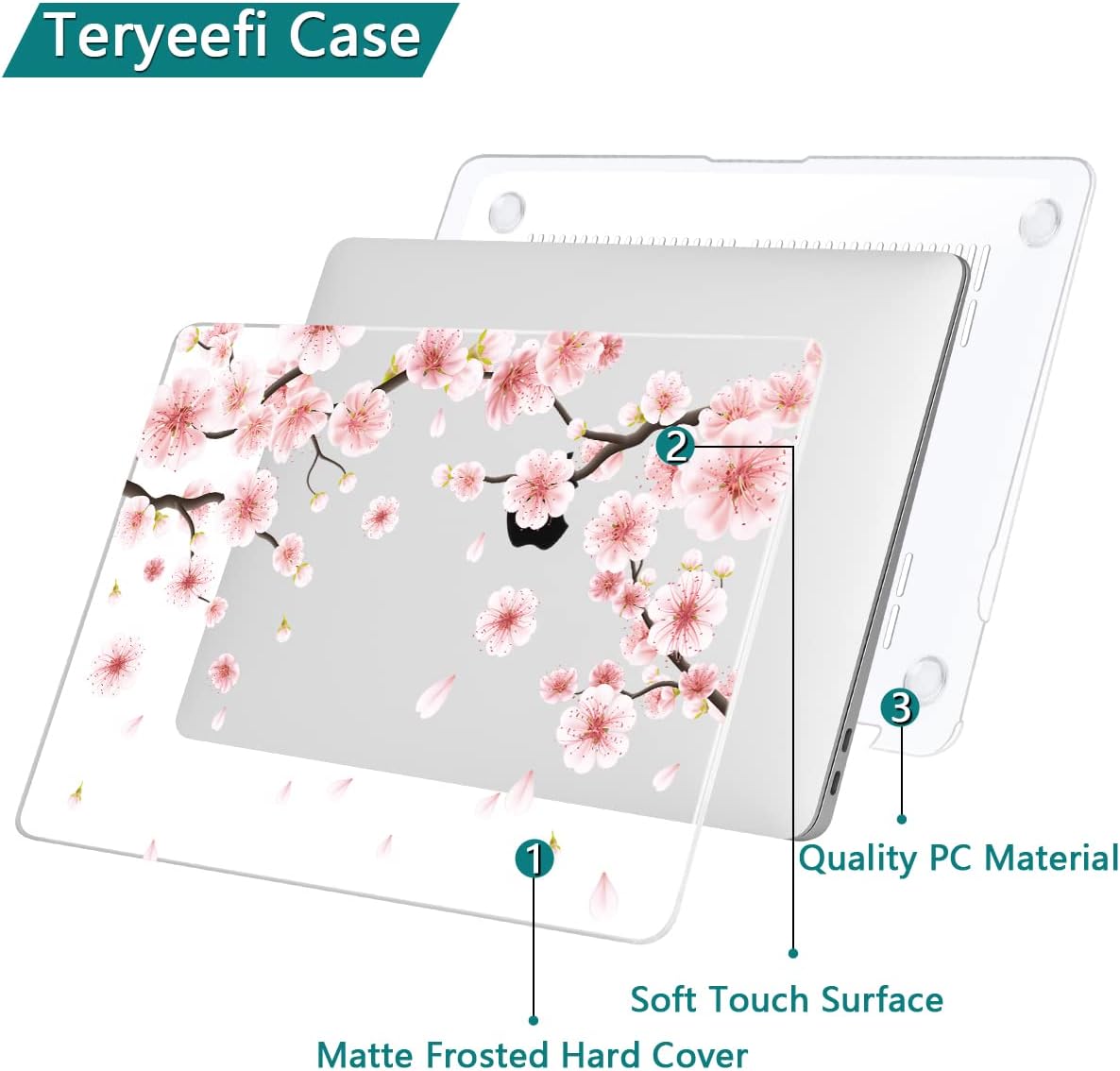 Teryeefi MacBook Pro 13 Case 2022 2021 2020-2016 Model M2 M1 A2338 A2289 A2251 A2159 A1989 A1706 with Touch Bar Touch ID, Plastic Hard Cover Shell + Keyboard Skin Screen Protector, Cherry Blossoms