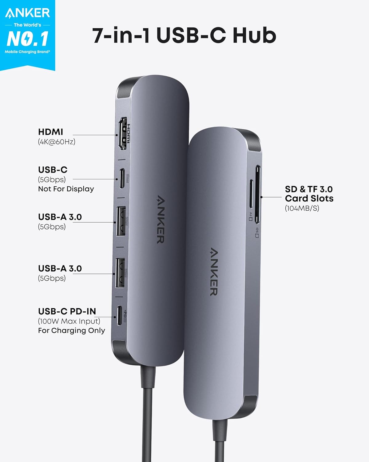 Anker USB C Hub, 7-in-1 Multi-Port USB Adapter for Laptops, 4K@60Hz USB C to HDMI Splitter, 85W Max Power Delivery, 3xUSBA & C 3.0 Data Ports, SD/TF Card, for Type C Devices (Charger Not Included)
