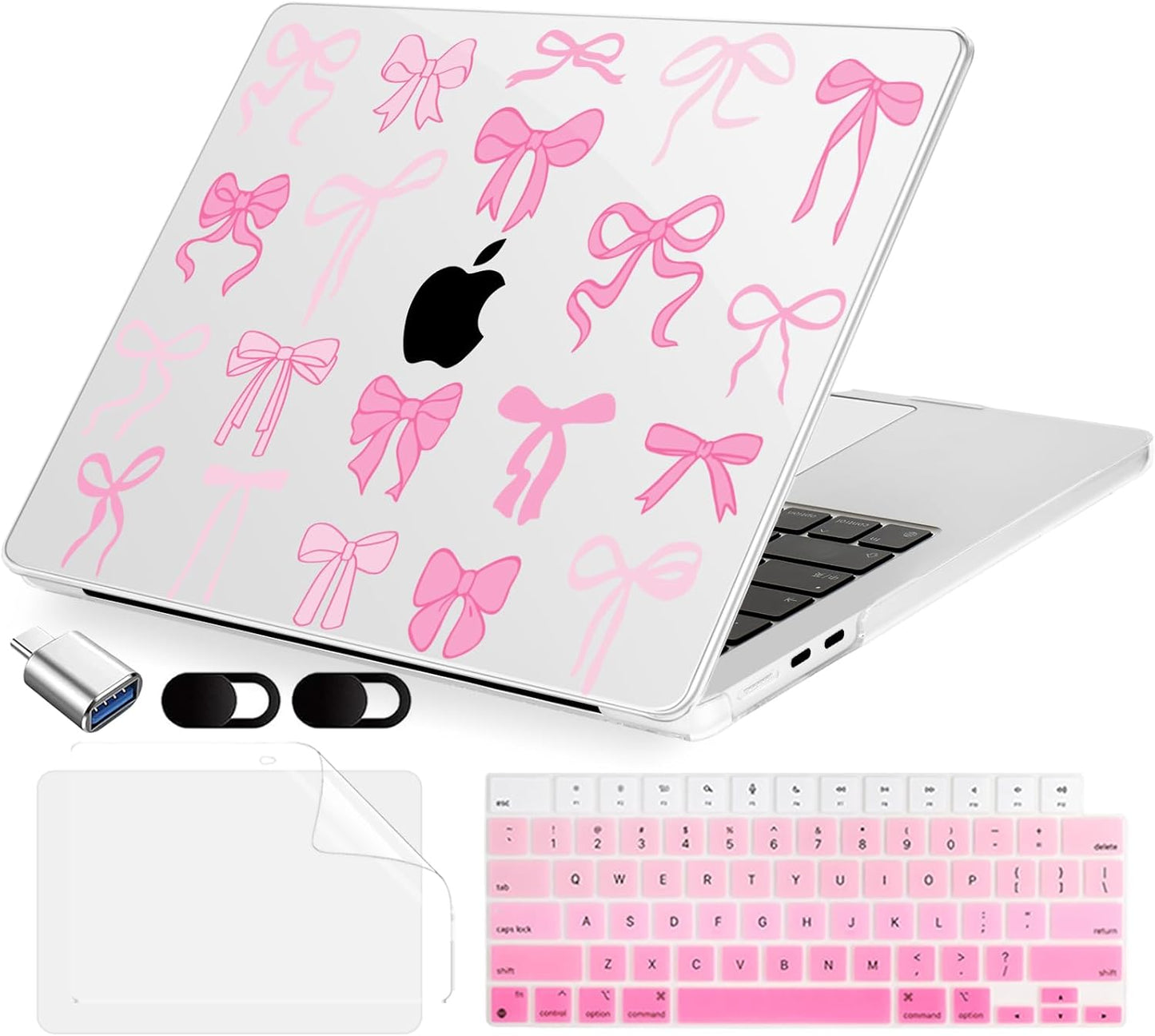 Compatible with MacBook Air 15 inch Case, M4 A3241/M3 A3114/M2 A2941 (Released 2025 to 2023), Hard Shell, Keyboard Cover, Screen Protector, Webcam Cover & Type-C Adapter, Pink Bows