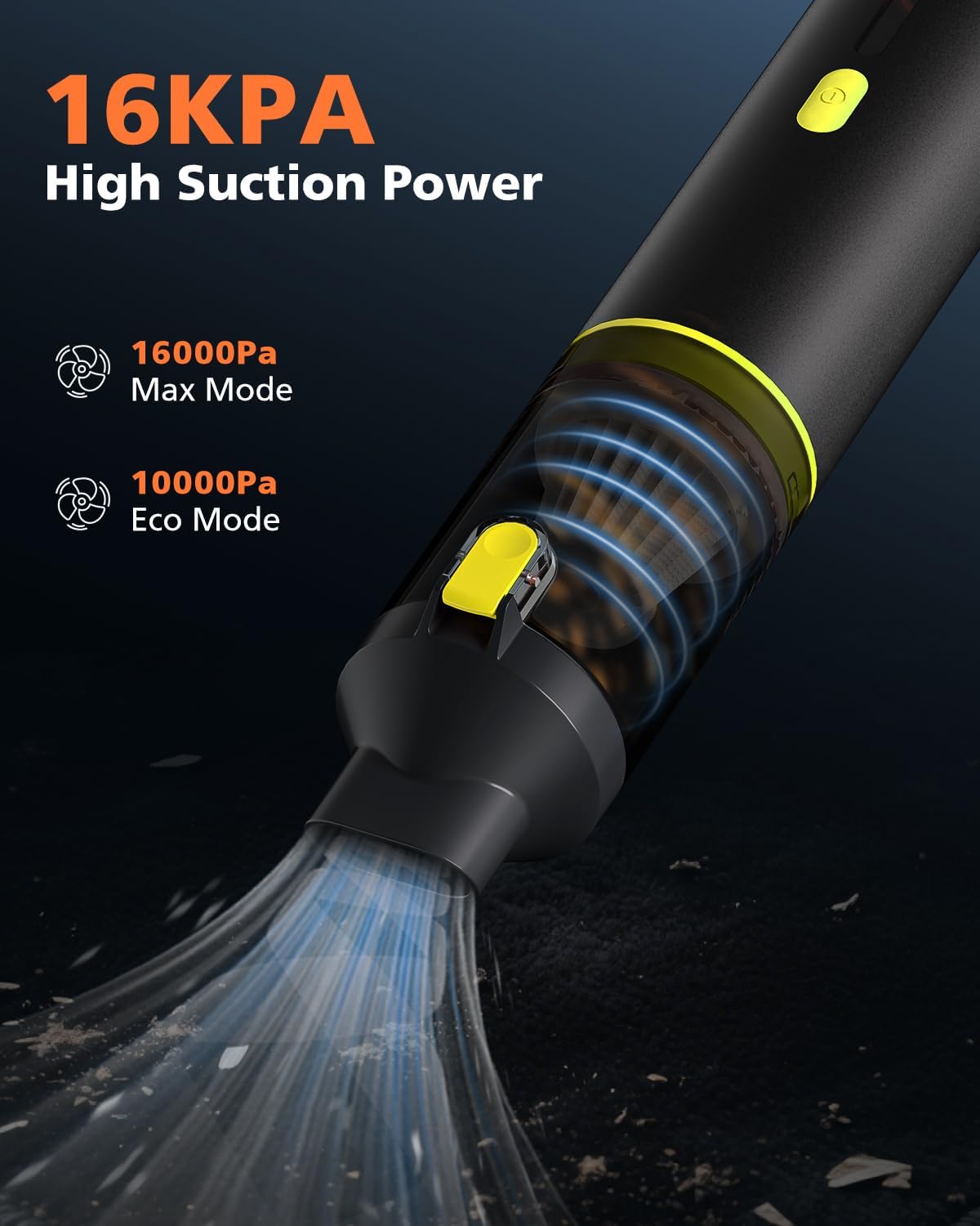 Car Vacuum Portable with 16000Pa Powerful Suction, Handheld Vacuum Cordless Rechargeable Blow & Suction 4 in 1, Small Vacuum Cleaner for Car, Home, Office, Outdoor (Black Yellow)
