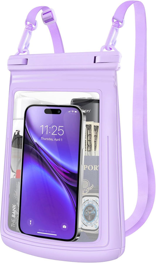 2L Floating Waterproof Phone Pouch for Up to 7.5", Large Space Adjustable Neck Lanyard Waterproof Bag. Dry Bag for Family Vacations, Beach, Pools, Kayaking, Cruises (Purple)