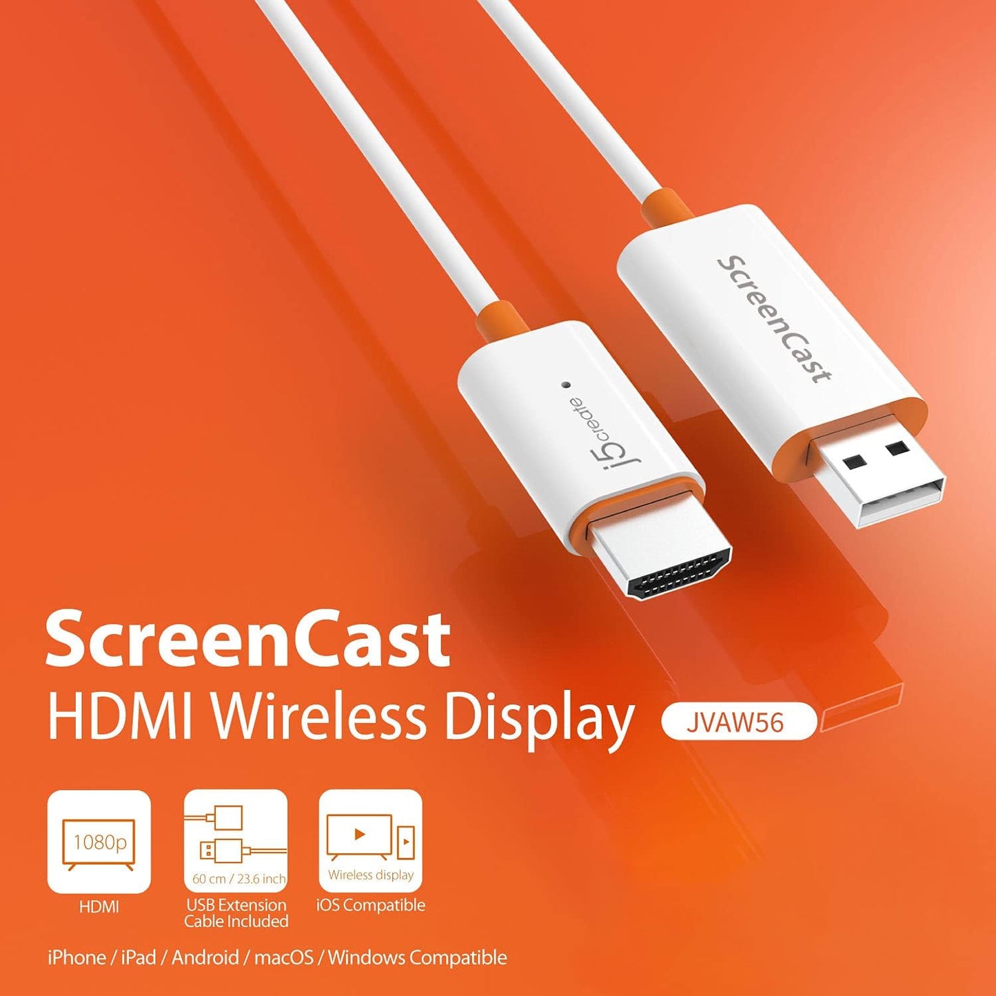 j5create ScreenCast HDMI Wireless Display Adapter Receiver - Mirror Phone, Tablet, Laptop to HDTV - Compatible with MiraCast, AirPlay, Android, Windows 10 PC, iOS, iPhone, Tablet (JVAW56)