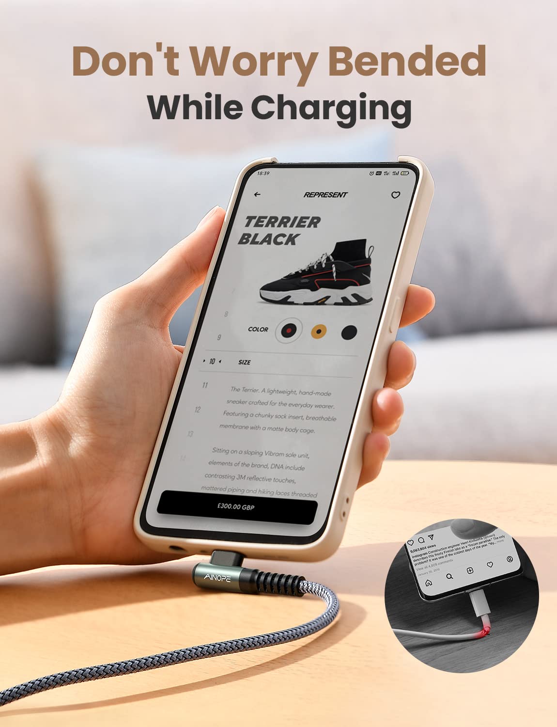 AINOPE USB C Cable 4-Pack [10/6.6/3.3/3.3FT] 3.2A 90 Degree USB C Cable Packs, Nylon Braided Angled USB C Cable Fit for Galaxy S10 S9 S8 Plus S21, Note 10 9 8, LG, Galaxy S21 Charger Fast Charging