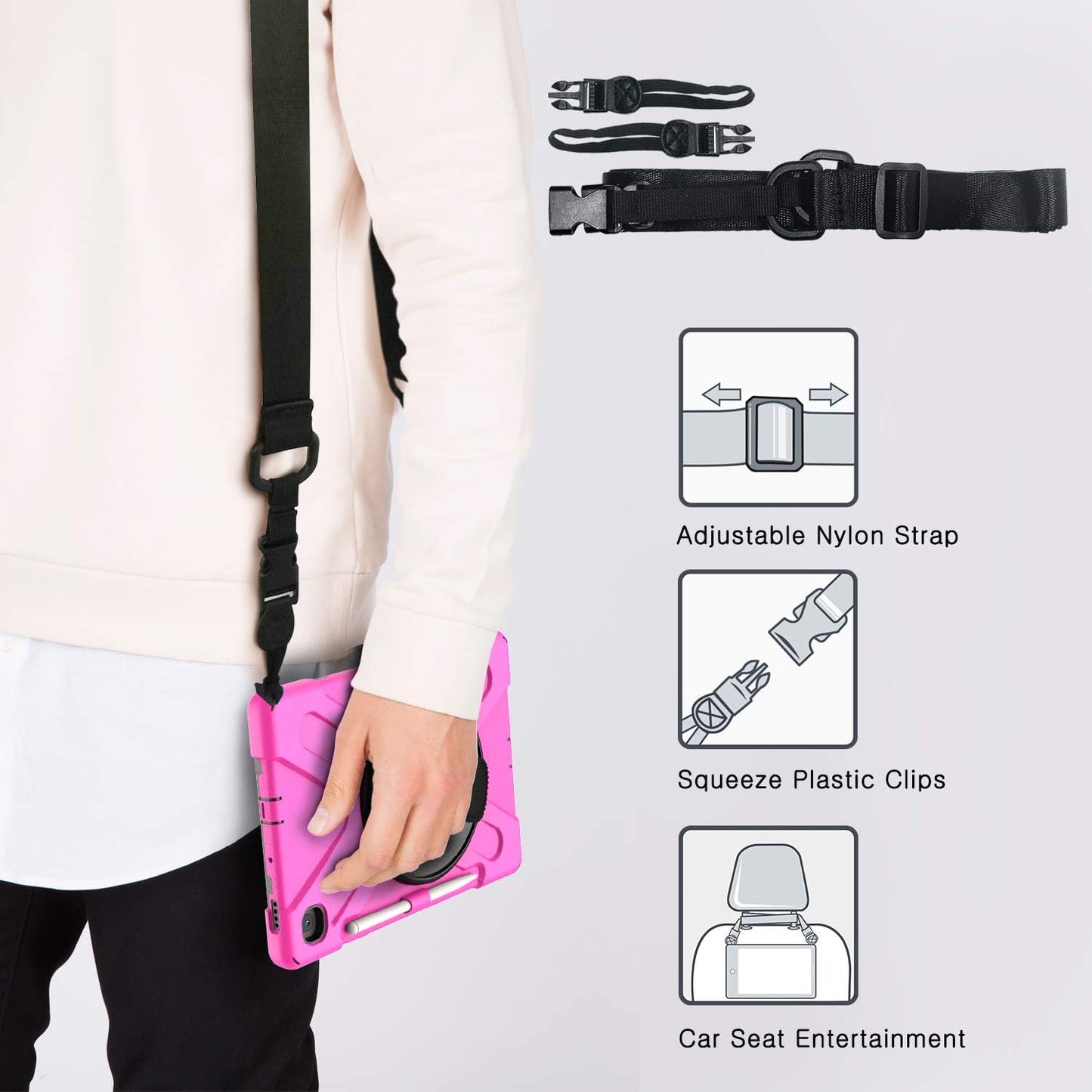 BRAECN for Samsung Galaxy Tab S6 Lite 10.4 Kids Case, Heavy Duty Rugged Cover with [Handle Hand Strap] [Shoulder Strap] [Kickstand] [S Pen Holder] for Galaxy Tab S6 Lite 2024/2022 SM-P610/P620-Rose