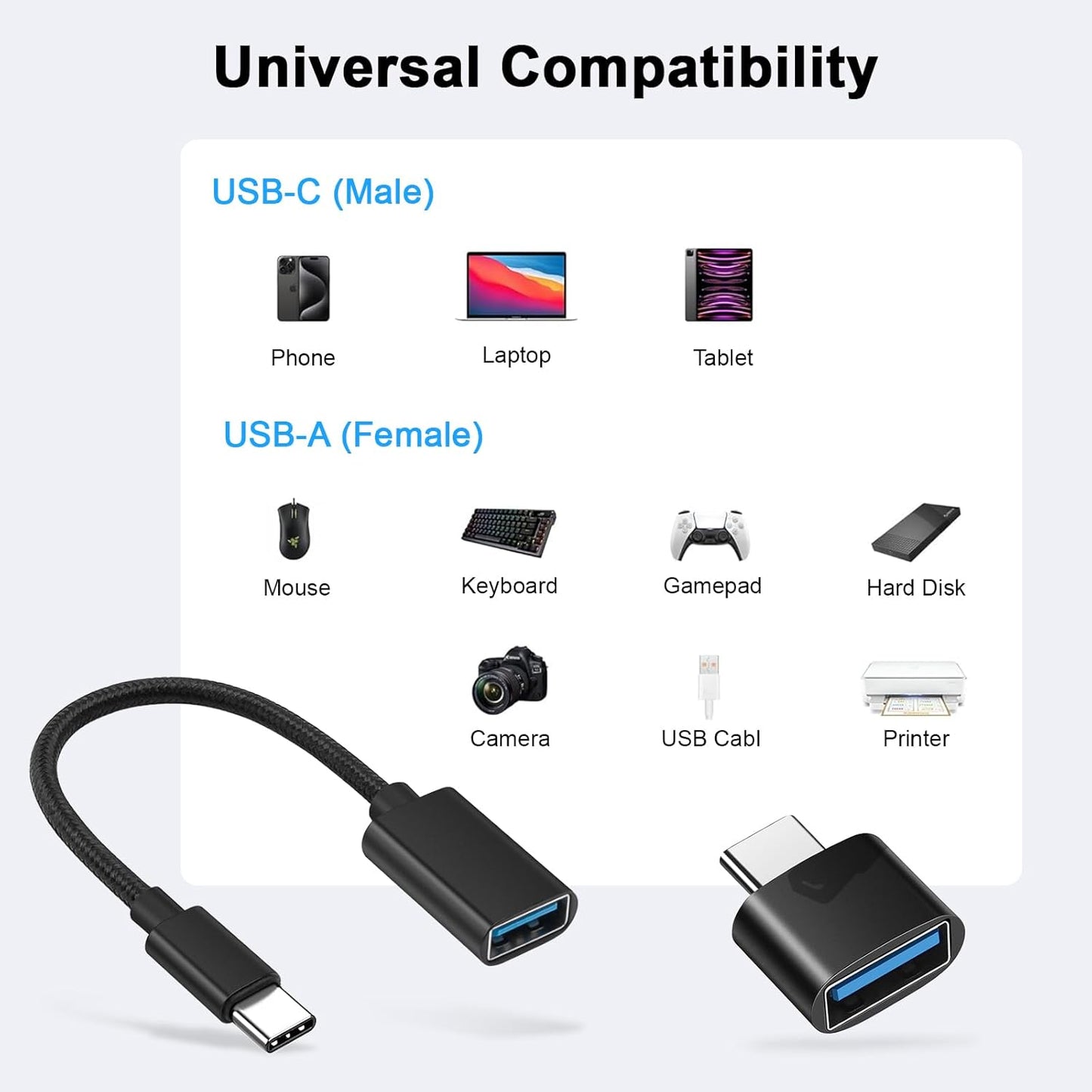 BORLTER CLAMP USB C to USB 2.0 Adapter, Type-C OTG Cable [2 Pack] USB Type C Male to USB Female Adapter, USB-C Adapter for MacBook 2019/2018/2017,iPad,Samsung Galaxy and More