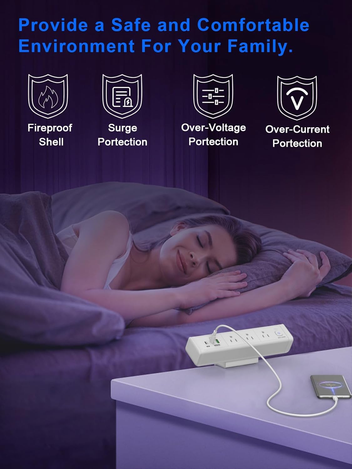 Desk Clamp Power Strip with 65W USB-C&USB A Ports 3 AC Outlet, Nightstand Edge Mount Charging Station Power Strip with USB-C Ports Tabletop Surge Protector for Home Office, Dorm Room(White)