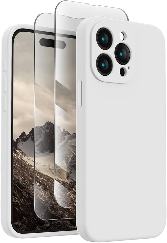 FireNova Designed for iPhone 15 Pro Max Case, Silicone Upgraded [Camera Protection] Phone Case with [2 Screen Protectors], Soft Anti-Scratch Microfiber Lining Inside, 6.7 inch, White