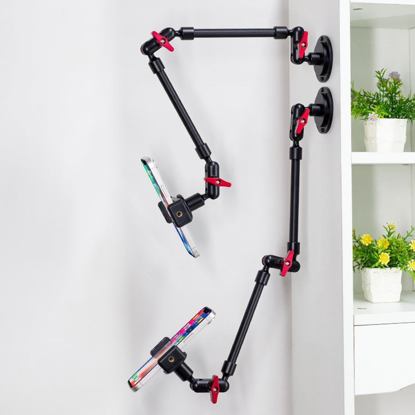 Adjustable Mobile Phone Holder for Desk, Wall and Ceiling Mount - Metal Base +60cm Arms + Phone Clip