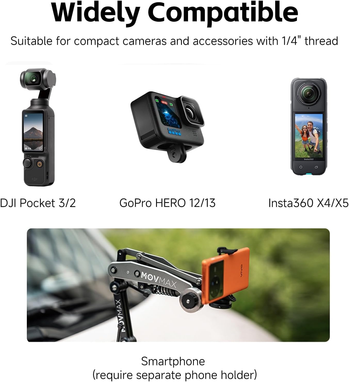 Movmax Blade Arm for DJI Pocket 3, Insta 360, and GoPro Hero 12 Cameras with N2 Arm Technology and Universal Locking Screw