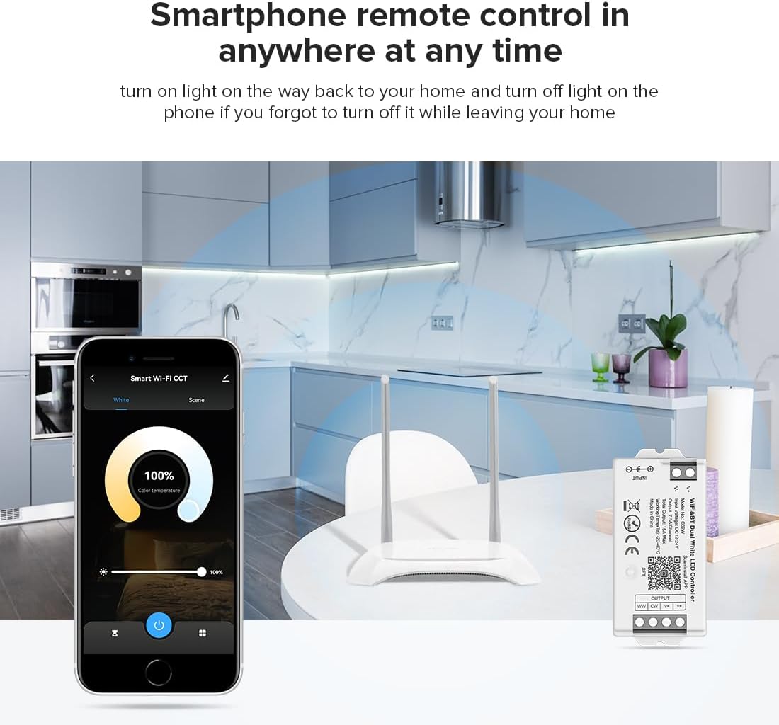 BTF-LIGHTING C02W CCT PWM (+ CW WW) 3PIN Color Temperature LED Strip Dual White 2.4GHz Tuya WiFi Group Controller Alexa Google Home Compatible with WR02RF RC02RFB Remote